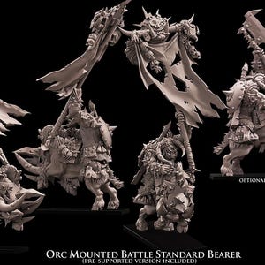 Peut inclure: Figurine miniature Orc Mounted Battle Standard Bearer. La figurine est montée sur une bête et porte une bannière. La hache optionnelle est incluse. Version pré-supportée.