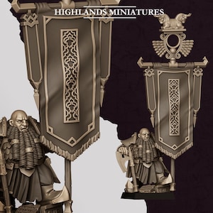 Puede incluir: Una figura en miniatura de un guerrero enano barbudo con un hacha, junto a un estandarte rectangular alto con patrones geométricos complejos. El estandarte está rematado con un adorno de toro alado. El texto HIGHLANDS MINIATURES es visible.