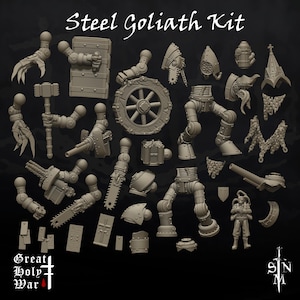May include: A 3D printed kit for building a Steel Goliath, a large, mechanical warrior. The kit includes various parts, such as legs, arms, weapons, and armour. The kit is made of grey plastic and is designed for hobbyists and model makers.