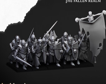 May include: A group of 10 skeletal warriors with swords and shields, standing in a line formation. They are wearing chainmail armor and cloaks. A skeletal figure holds a banner with the text "Transilvanya The Fallen Realm".