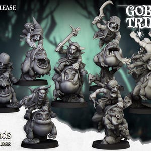 May include: A set of six grey painted goblin miniatures riding on grey painted toad-like creatures. The goblins are armed with various weapons, including a sickle, a club, and a sword. The miniatures are part of the Goblin Tribes collection from Highlands Miniatures.