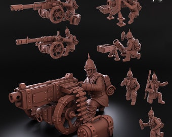 Könnte beinhalten: Ein Set aus 3D-gedruckten Miniaturfiguren, die Soldaten darstellen, die verschiedene Artilleriegeschütze bedienen, darunter eine Kanone, einen Mörser und ein Maschinengewehr. Die Figuren sind in brauner Farbe bemalt und in verschiedenen Action-Posen dargestellt. Die Figuren sind für den Einsatz in Tabletop-Kriegsspielen konzipiert.
