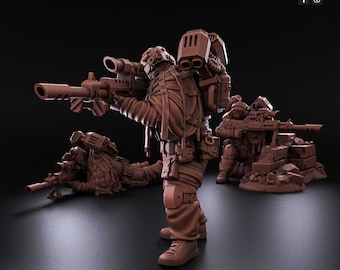 May include: A set of three brown plastic miniature figures of soldiers, one standing and two lying down, holding guns. The standing soldier is holding a large gun with a scope and a backpack with a rocket launcher. The figures are on a brown background.