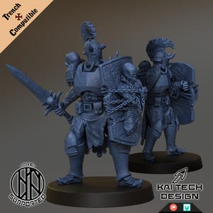 Puede incluir: Miniatura gris impresa en 3D de una figura de guerrero, sosteniendo una espada y un escudo. La figura lleva armadura y un casco. La imagen incluye el texto "Trench Compatible" y "Kai Tech Design".