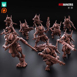 May include: A group of 10 detailed, brown, plastic miniature figures of humanoid robots with various weapons and accessories. The figures are posed in a dynamic, action-packed scene. The figures are part of a set of miniatures for tabletop gaming.