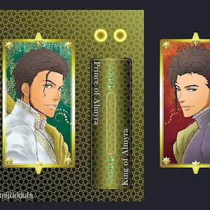 May include: Two rectangular cards featuring anime-style portraits of a person with dark hair. The left card has a green background, and the right card has a red background. A central gold panel displays the text Prince of Almyra and King of Almyra.