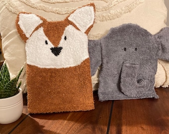 Waschlappen Kinder Tiere Fuchs Elefant Frottee weich Spielen Pflege Geschenk Duschen Set flauschig Kleinkind Spielhandschuh Motivwaschlappen