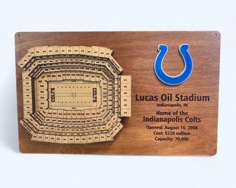 May include: A wooden sign with a detailed cutout of Lucas Oil Stadium, home of the Indianapolis Colts. The sign features the team's horseshoe logo in blue and includes details like the stadium's opening date, cost, and capacity.