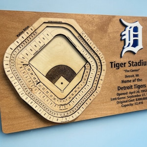 May include: A wooden plaque with a detailed laser-cut map of Tiger Stadium, the former home of the Detroit Tigers baseball team. The plaque includes the stadium's name, nickname "The Corner", location, and key dates. The Detroit Tigers logo is featured in blue and white.