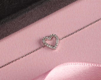 Heart Bracelet: Sterling Silver, Zircon Stones, Personalized Jewelry Box