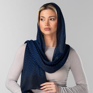 Houston Blue Head Scarf – Chevron Christian Veil | Lightweight Modest Shawl | Soft Hair Covering | Elegant Personalized Scarf