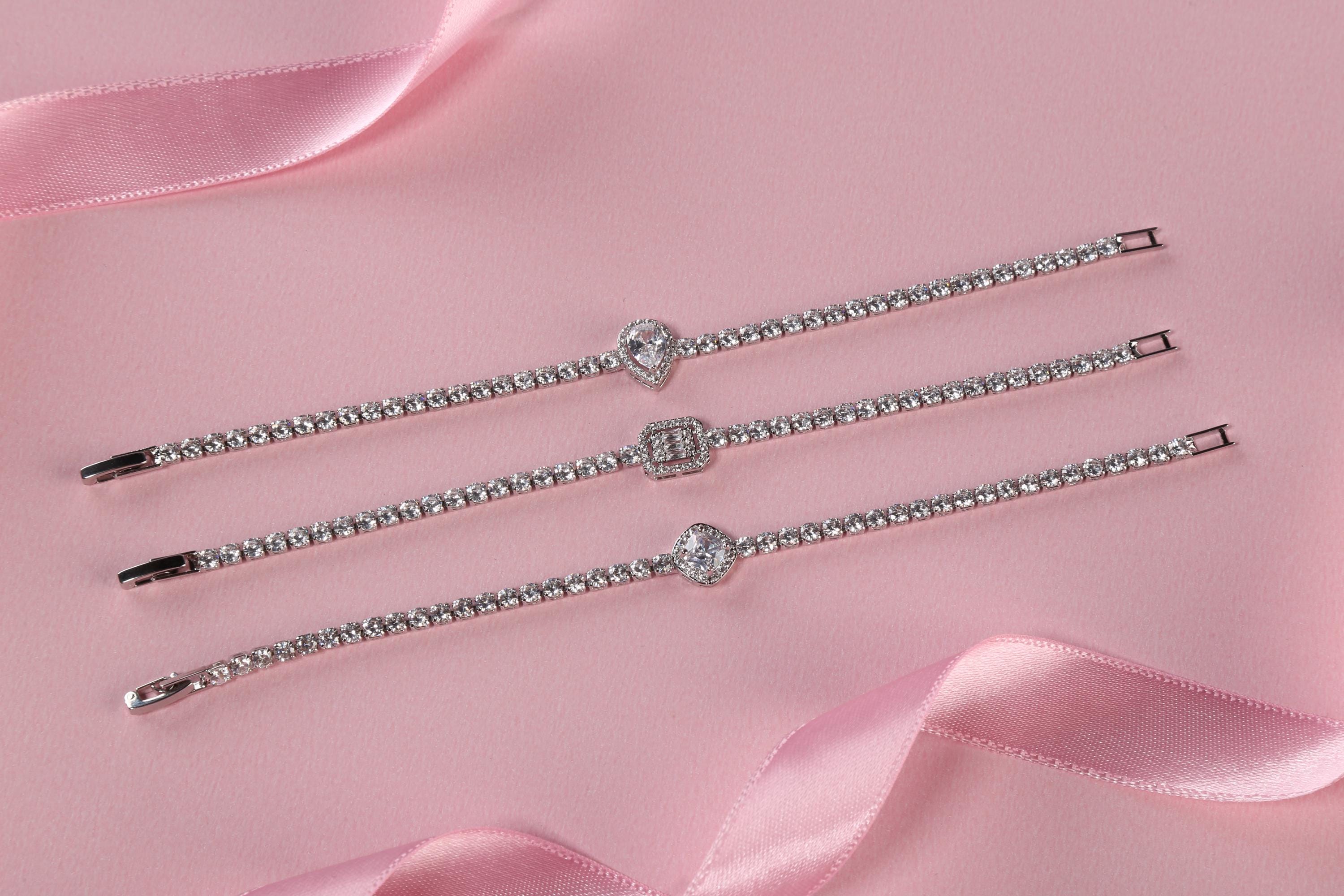 Zircon Diamond Tennis Bracelet: Sterling Steel, Round/Rectangle/Drop - Personalized Jewelry Box