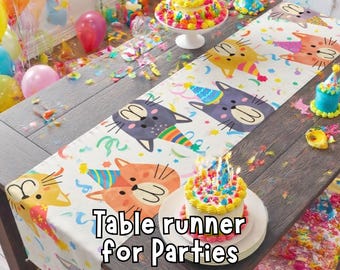 Cat Birthday Table Runner - Cute Kitty Party Decor - Pastel Party Table Cover - Kids Birthday Decoration - Cat Theme Party Supplies