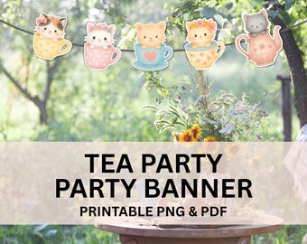 Tea Party Banner Printable | Cute Kittens in Teacups Garland | Tea Party Decorations | Baby Shower & Bridal Shower Decor | Cricut Friendly