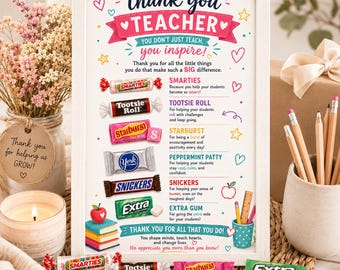 Afdrukbaar cadeau leraar waardering, poster bedankje leraar, overlevingskit snoep, eindejaarscadeau leraar, decor leraar waardering week