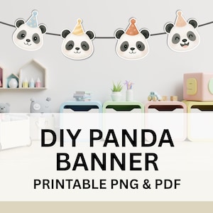 May include: DIY Panda Banner printable in PNG and PDF format. The banner features five panda faces with party hats, each with a different expression. The banner is perfect for a panda-themed party.