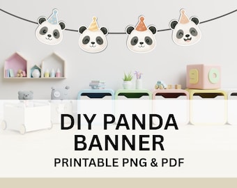 Może przedstawiać: Baner DIY Panda do wydrukowania w formacie PNG i PDF. Baner przedstawia pięć twarzy pand z czapkami imprezowymi, każda z innym wyrażeniem. Baner idealnie nadaje się na imprezę w stylu panda.