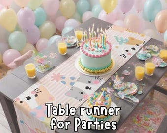 Cat Birthday Table Runner - Cute Kitty Party Decor - Pastel Party Table Cover - Kids Birthday Decoration - Cat Theme Party Supplies