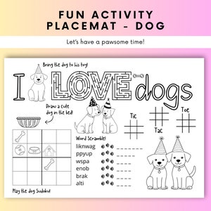 Pawty Activity Placemat Dogs Coloring Page Printable Dog Party Game Kids Dog Party Table Activity Dog Party Printable Dog themed decorations