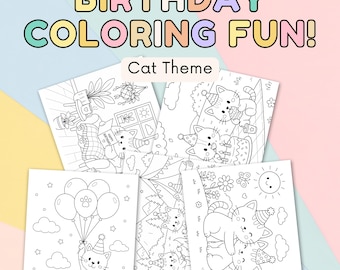 Dibujos para colorear de cumpleaños para niños: Imprimible con temática de gatos para fiestas, descarga digital, Hoja para colorear de gatos para fiestas, Actividad para fiestas, PDF instantáneo