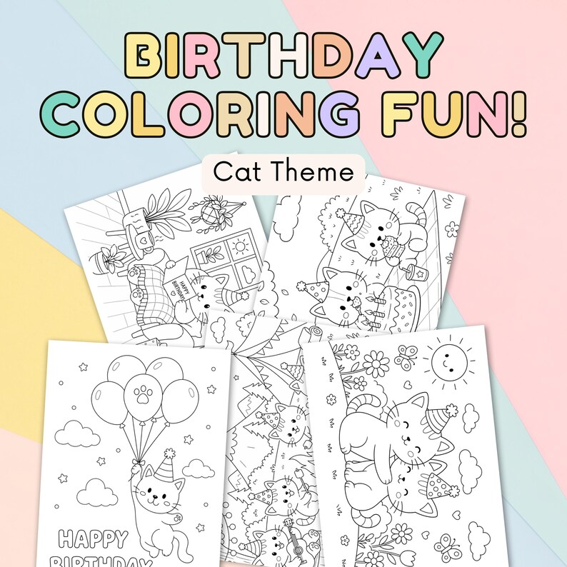 Birthday Coloring Pages for Kids – Cute Party Cat Theme Printable ...