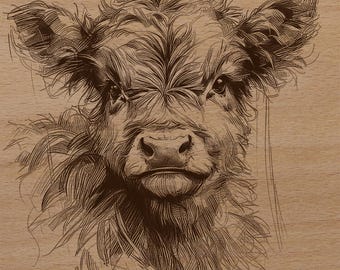 子牛のハイランド牛レーザー彫刻ファイル – 木工プロジェクト用（PNG形式、100 x 100 mm デジタルダウンロード）