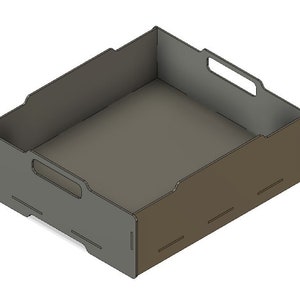 May include: A grey and brown cardboard box with a handle on the side. The box is empty and has a rectangular shape.