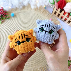 May include: Two small, handmade crochet cat toys. One is orange, the other is gray. Both have black stripes and green eyes. The toys are held in hands against a neutral background, suggesting a craft or handmade item.
