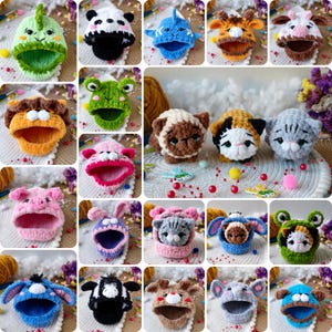 Puede incluir: Una colección de coloridos sombreros de animales de ganchillo hechos a mano, incluyendo un dinosaurio, un panda y una rana. Cada sombrero presenta rasgos faciales detallados y bocas abiertas, mostrando la variedad de diseños. Los sombreros se exhiben sobre una superficie blanca.