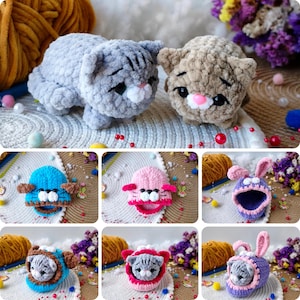May include: A collection of handmade crochet cat toys and cat hats. The toys are gray and tan, with pink noses and black eyes. The hats are blue, pink, and purple, with cat and bunny designs. The items are displayed on a textured surface.