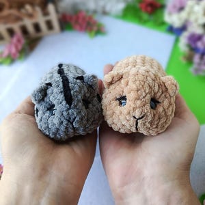 May include: Two handmade crochet animal toys. One is gray with black stripes, the other is tan. Both have small black eyes and are held in open hands. The toys are made of soft, textured yarn. The background includes flowers and a white surface.