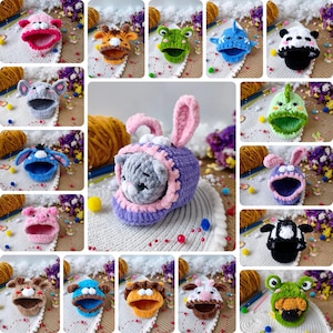 May include: A selection of crocheted animal hats in various colours, including a pink pig, a blue shark, a panda, and a frog. The hats are designed to fit small pets, with a cat wearing a purple bunny hat in the centre.