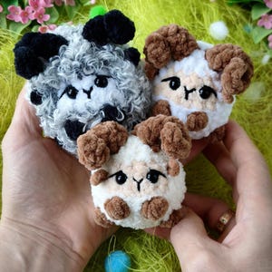 Może przedstawiać: Trzy ręcznie robione pluszowe owce. Jedna jest szara i czarna, a pozostałe dwie białe i brązowe. Owce mają czarne oczy i są wykonane z miękkiej, teksturowanej przędzy. Zabawki są trzymane w dłoniach osoby na zielono-różowym tle.