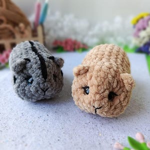 May include: Two handmade crochet guinea pig toys. One is gray with a black stripe, the other is tan. Both have black eyes and small ears. The toys are made of soft, textured yarn and are sitting on a white surface.
