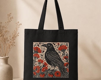 Whimsigoth Crow Canvas Tote Linocut Bird Grocery Bag Edgar Allan Poe Raven Shopping Bag Dark Cottagecore Travel Bag Farmers Market Tote Bag