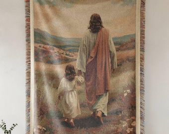 Manta de Jesús, manta de oración tejida, tapiz bíblico, manta de jacquard, arte bíblico, regalo cristiano, Jesús caminando con niño, escena de versículo bíblico