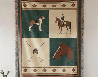 Stylish Equestrian Horse Blanket Woven Preppy Horse Quilt Hunting Lodge Decor Old Money Tapestry Heritage Aesthetic Throw Horse Farm Gift