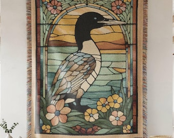 Loon Woven Blanket Stained Glass Bird Art Throw Tapestry Nature Inspired Homedecor Gift for Bird Lovers Lake House Cabin Lodge Aesthetic