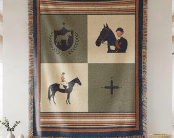 Stylish Equestrian Horse Blanket Woven Preppy Horse Quilt Hunting Lodge Decor Old Money Tapestry Heritage Aesthetic Throw Horse Farm Gift