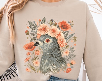 Duif Shirt Linosnede Vogel Sweatshirt Volkskunst Duif Shirt Grillige Cottage Core Kleding Boho Bloemen Cottagecore Woodland Sweatshirt Herfst