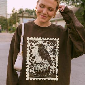Crow Shirt Whimsigoth Linocut Bird Sweatshirt Edgar Allan Poe Raven Shirt Dark Cottagecore Crewneck Dark Academia Fall Spooky Stamp Sweater