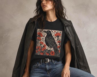 Maglietta Whimsigoth Crow, maglietta Linoleografia Bird, maglietta Edgar Allan Poe, maglietta Nevermore Raven, maglietta Dark Cottagecore Folk Art, maglietta Dark Academia Halloween