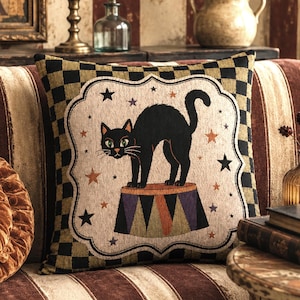 Black Cat Halloween Woven Pillow Carnival Funhouse Tapestry Cushion Circus Home Decor Checkerboard Accent Fall Pillow Spooky Cat Lover Gift