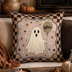 Halloween Ghost Woven Pillow Spooky Checkerboard Accent Pillow Carnival Funhouse Home Decor Throw Cushion Gift for Halloween Lovers