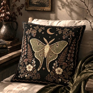 Luna Moth Woven Tapestry Throw Pillow Gothic Botanical Cottagecore Accent Cushion Dark Academia Whimsical Home Decor Gift