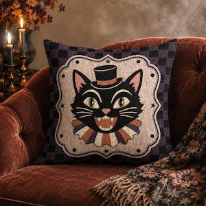 Black Cat Woven Pillow Carnival Funhouse Halloween Tapestry Cushion Circus Home Decor Checkerboard Accent Fall Pillow Spooky Cat Lover Gift