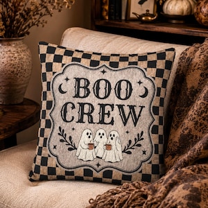 Halloween Woven Throw Pillow Ghost Tapestry Cushion Checkerboard Accent Witchy Home Decor Spooky Gift Decorative Fall Pillow Boo Crew