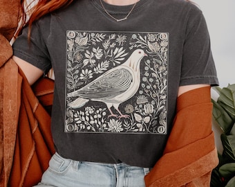 Pigeon Shirt Linocut Tshirt Bird Nerd Tee Folk Art Dove Shirt Granola Girl Aesthetic Whimsical Flowers Shirt Pigeon Lover Bird Watcher Gift