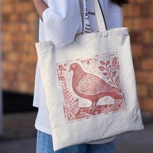 Taube Einkaufstasche Linoldruck Volkskunst Taube Leinentasche Einkaufstasche Vogelbeobachter Reisetasche Vogelliebhaber Bauernmarkt Einkaufstasche