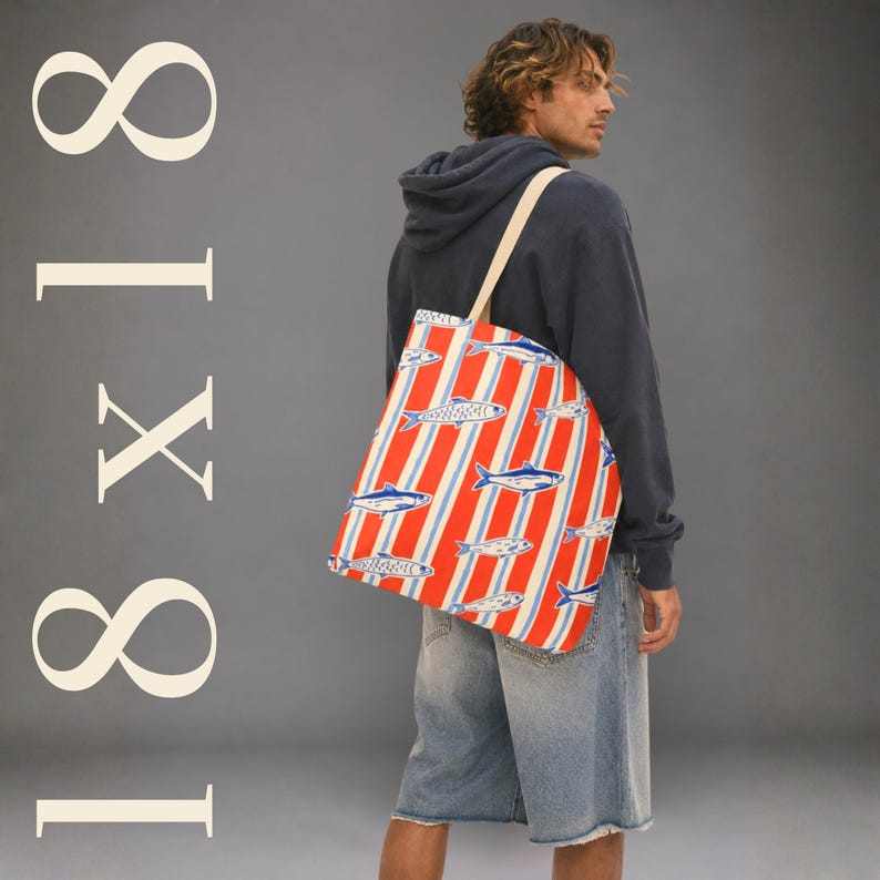 Sardine Tote Bag Coastal Beach Tote European Summer Shoulder Bag Nautical Pool Tote Durable Farmers Market Bag Caryall Seaside Aesthetic 18" × 18''
